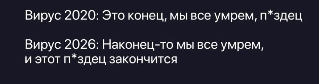 Вирус 2020: Это конец, мы все умрем, п*здец. Вирус 2026: Наконец-то мы все умрем, и этот п*здец закончится