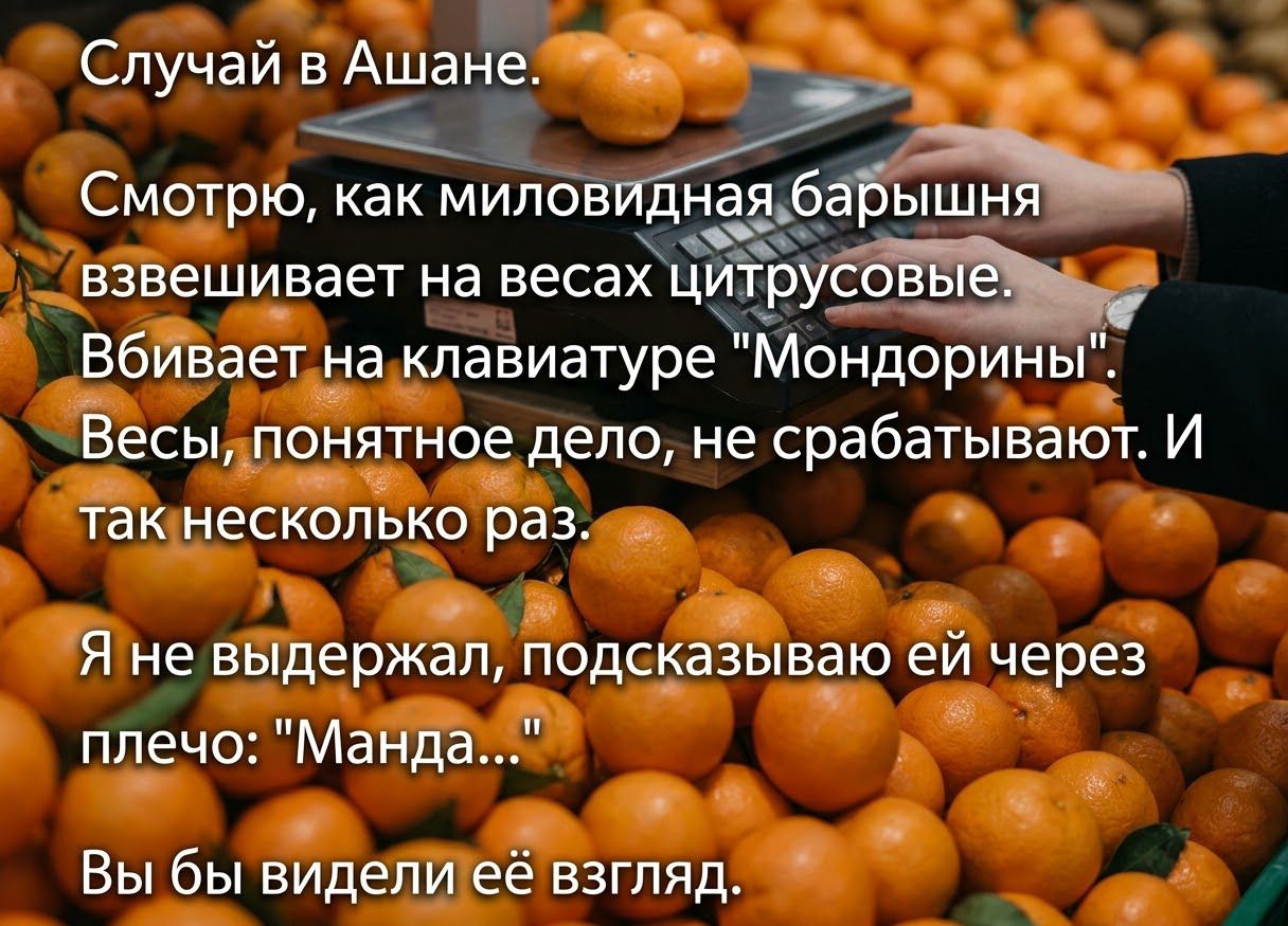 Случай в Ашане. Смотрю, как миловидная барышня взвешивает на весах цитрусовые. Вбивает на клавиатуре 