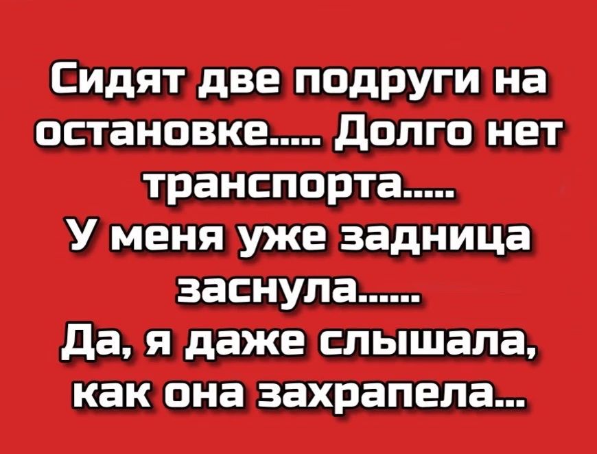 Сидят две подруги на остановке..... Долго нет транспорта..... У меня уже задница заснула...... Да, я даже слышала, как она захрапела...