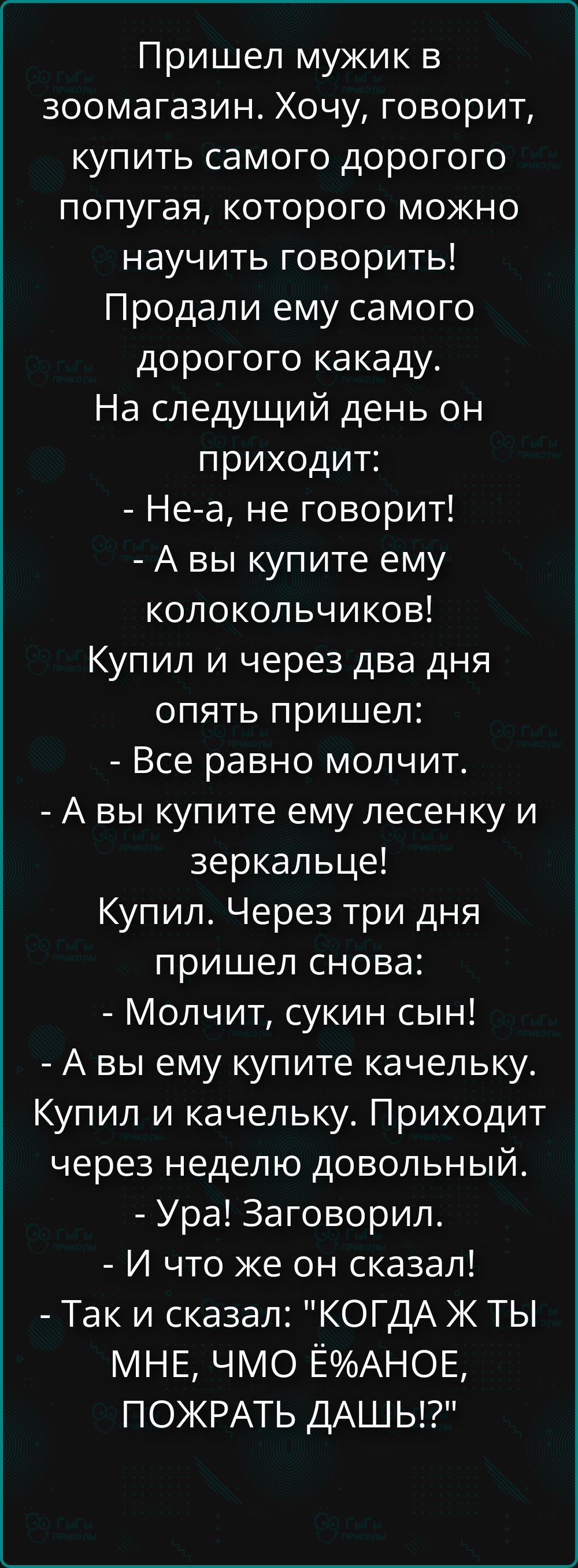 Пришел мужик в зоомагазин. Хочу, говорит, купить самого дорогого попугая, которого можно научить говорить! Продали ему самого дорогого какаду. На следующий день он приходит: - Не-а, не говорит! - А вы купите ему колокольчиков! Купил и через два дня опять пришел: - Все равно молчит. - А вы купите ему лесенку и зеркальце! Купил. Через три дня пришел