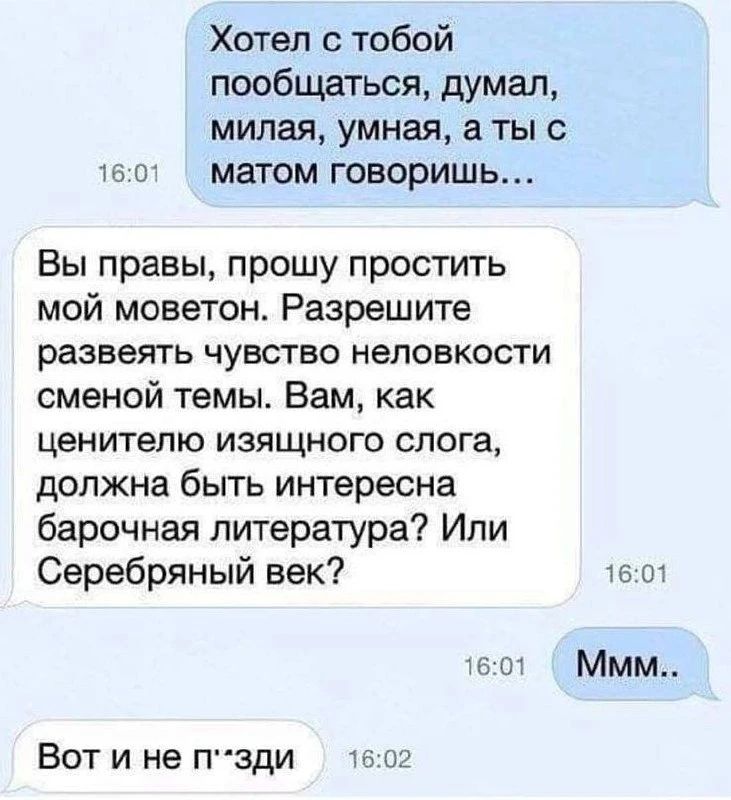 Хотел с тобой пообщаться, думал, милая, умная, а ты с матом говоришь... Вы правы, прошу простить мой моветон. Разрешите развеять чувство неловкости сменой темы. Вам, как ценителю изящного слога, должна быть интересна барочная литература? Или Серебряный век? Ммм.. Вот и не п***ди