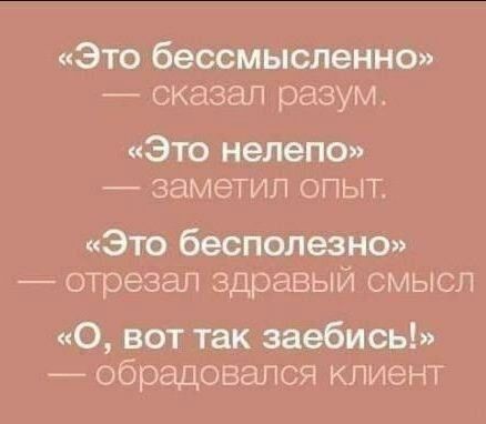 «Это бессмысленно» — сказал разум.
«Это нелепо» — заметил опыт.
«Это бесполезно» — отрезал здравый смысл.
«О, вот так заебись!» — обрадовался клиент.