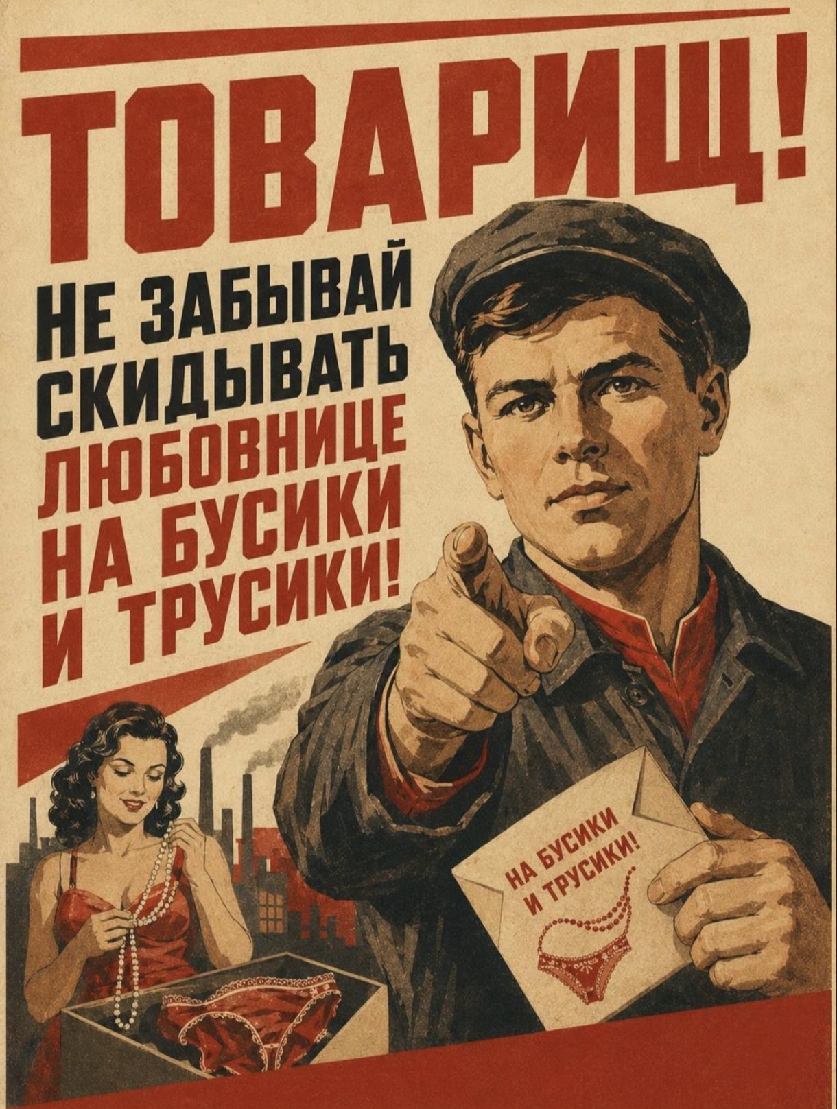 ТОВАРИЩ! НЕ ЗАБЫВАЙ СКДЫВАТЬ ЛЮБОВНИЦЕ НА БУСИКИ И ТРУСИКИ! НА БУСИКИ И ТРУСИКИ!