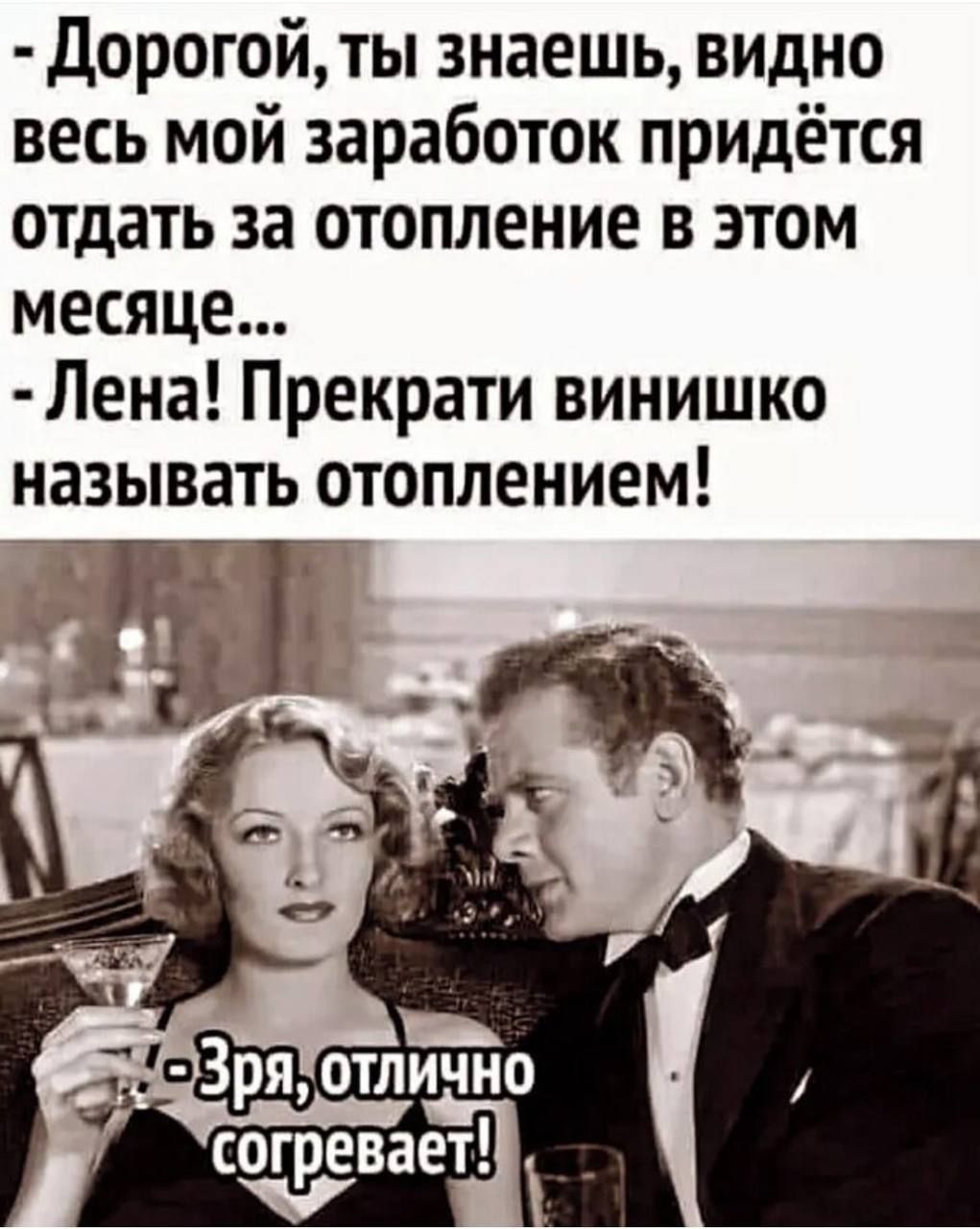 - Дорогой, ты знаешь, видно весь мой заработок придётся отдать за отопление в этом месяце... - Лена! Прекрати винишко называть отоплением! - Зря, отлично согревает!