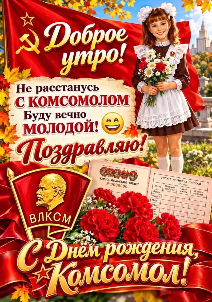Доброе утро! Не расстанусь с комсомолом, буду вечно молодой! Поздравляю! ВЛКСМ С днем рождения, Комсомол!