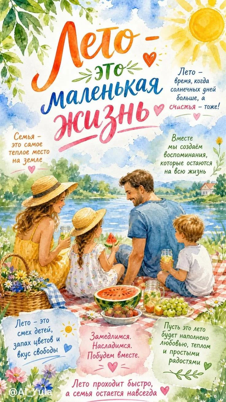 Лето – это маленькая жизнь. Лето – время, когда солнечных дней больше, а счастья – тоже! Семья – это самое теплое место на земле. Вместе мы создаем воспоминания, которые остаются на всю жизнь. Лето – это смех детей, запах цветов и вкус свободы. Замедлимся. Насладимся. Побудем вместе. Пусть это лето будет наполнено любовью, теплом и простыми