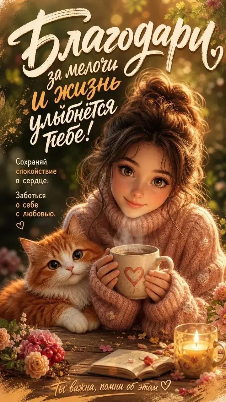 Благодари за мелочи и жизнь улыбнётся тебе! Сохраняй спокойствие в сердце. Заботься о себе с любовью. Ты важна, помни об этом ♡