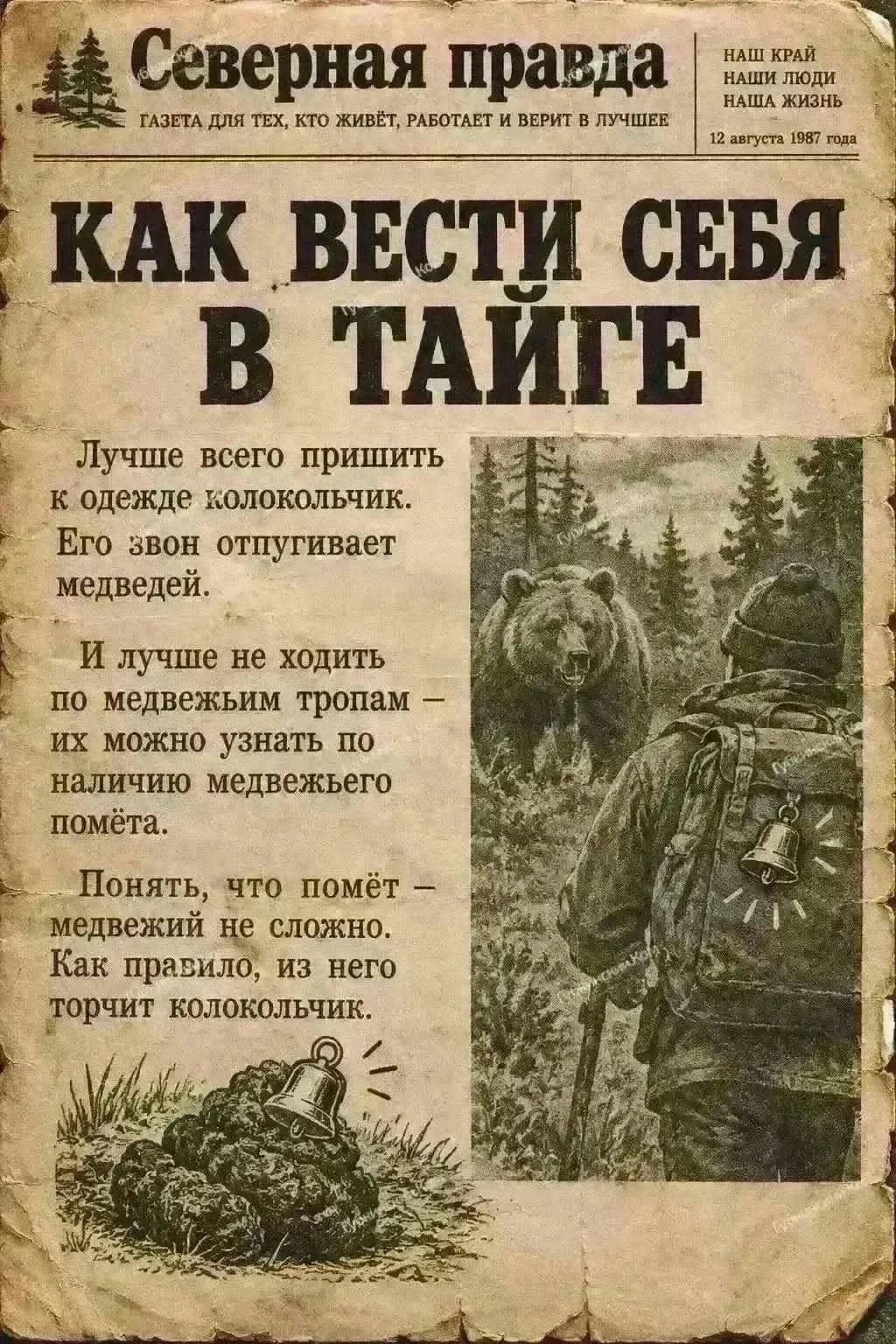 Северная правда. КАК ВЕСТИ СЕБЯ В ТАЙГЕ. Лучше всего пришить к одежде колокольчик. Его звон отпугивает медведиков. И лучше не ходить по медвежьим тропам — их можно узнать по наличию медвежьего помёта. Понять, что помёт — медвежий не сложно. Как правило, из него торчит колокольчик.