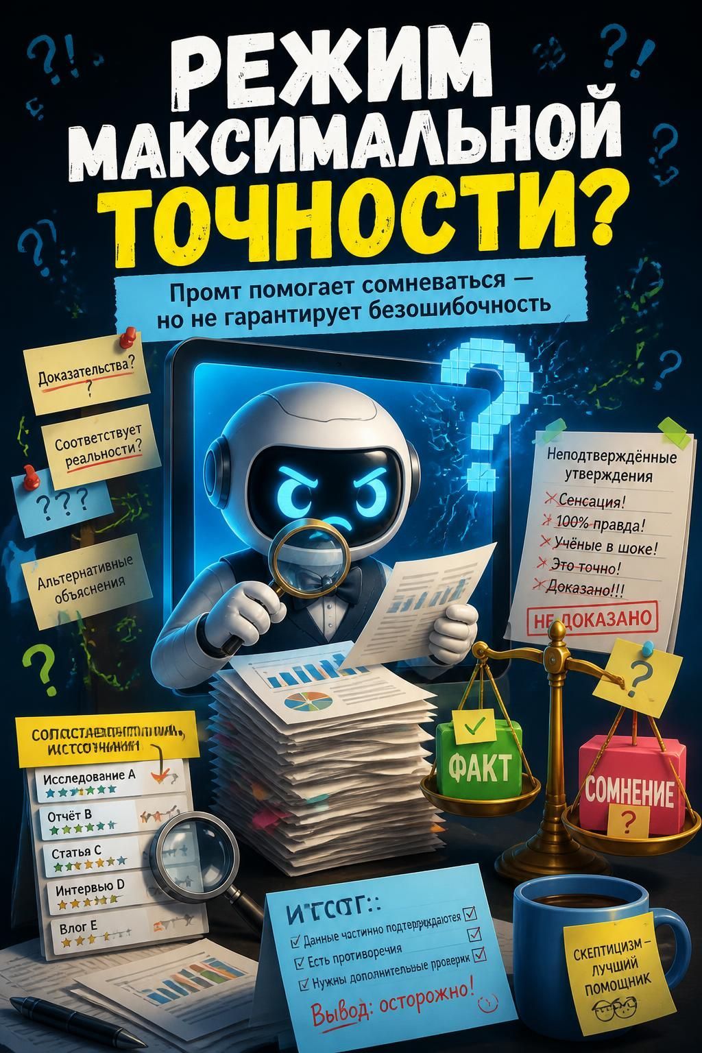РЕЖИМ МАКСИМАЛЬНОЙ ТОЧНОСТИ? Промт помогает сомневаться — но не гарантирует безошибочность. Доказательства? Соответствует реальности? Альтернативные объяснения. Неподтверждённые утверждения: Сенсация!, 100%-правда!, Учёные в шоке!, Это точно!, Доказано!!! НЕ ДОКАЗАНО. Сопоставляй источники! Исследование А, Отчёт В, Статья С, Интервью D, Влог Е.
