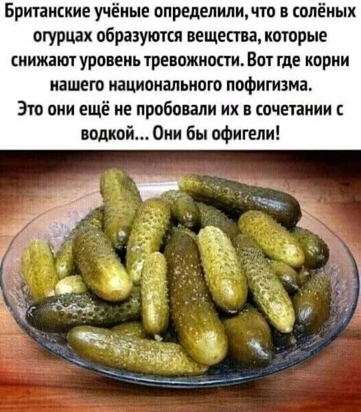 Британские учёные определили, что в солёных огурцах образуются вещества, которые снижают уровень тревожности. Вот где корни нашего национального пофигизма. Это они ещё не пробовали их в сочетании с водкой... Они бы офигели!