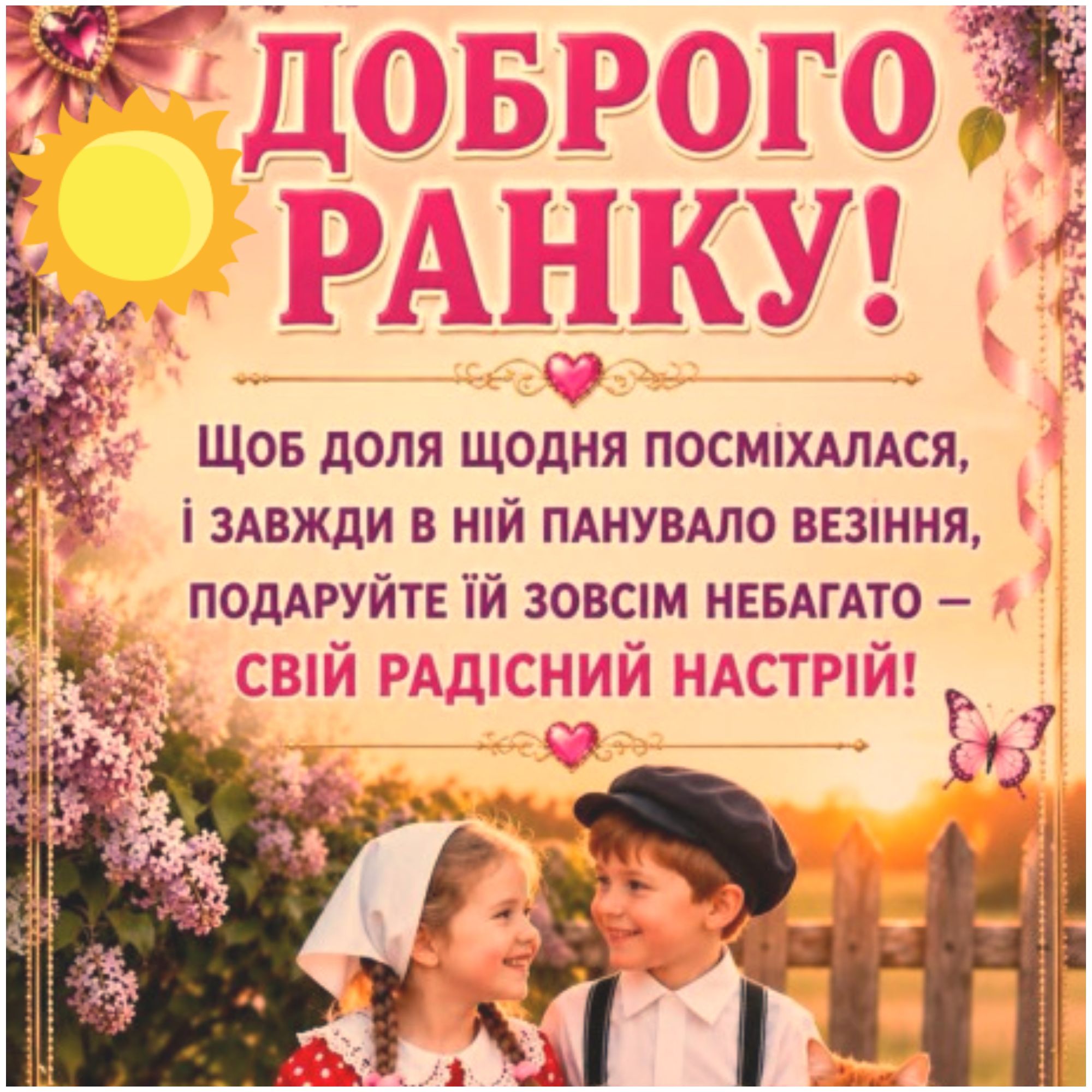 ДОБРОГО РАНКУ! Щоб доля щодня посміхалася, і завжди в ній панувало везіння, подаруйте їй зовсім небагато – свій радісний настрій!