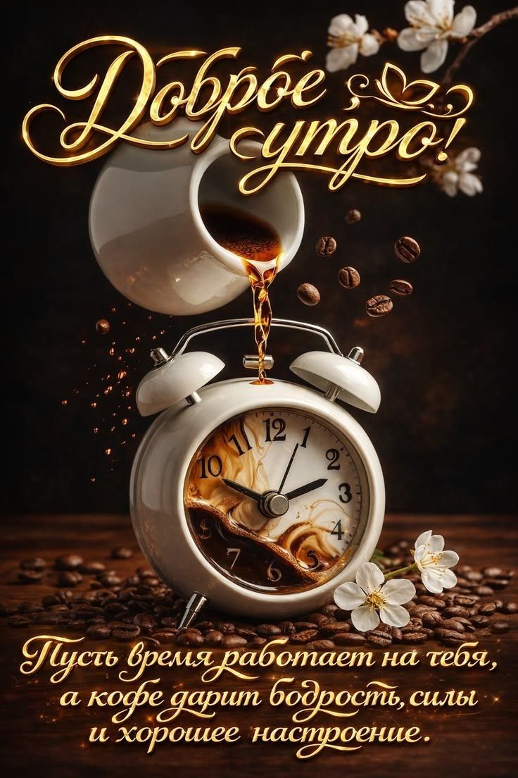 Доброе утро! Пусть время работает на тебя, а кофе дарит бодрость, силы и хорошее настроение.