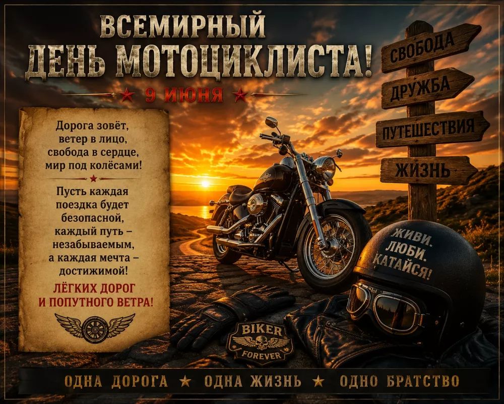 ВСЕМИРНЫЙ ДЕНЬ МОТОЦИКЛИСТА! 9 ИЮНЯ Дорога зовёт, ветер в лицо, свобода в сердце, мир под колёсами! Пусть каждая поездка будет безопасной, каждый путь – незабываемым, а каждая мечта – достижимой! ЛЁГКИХ ДОРОГ И ПОПУТНОГО ВЕТРА! ОДНА ДОРОГА ОДНА ЖИЗНЬ ОДНО БРАТСТВО СВОБОДА ДРУЖБА ПУТЕШЕСТВИЯ ЖИЗНЬ ЖИВИ. ЛЮБИ. КАТАЙСЯ! BIKER FOREVER