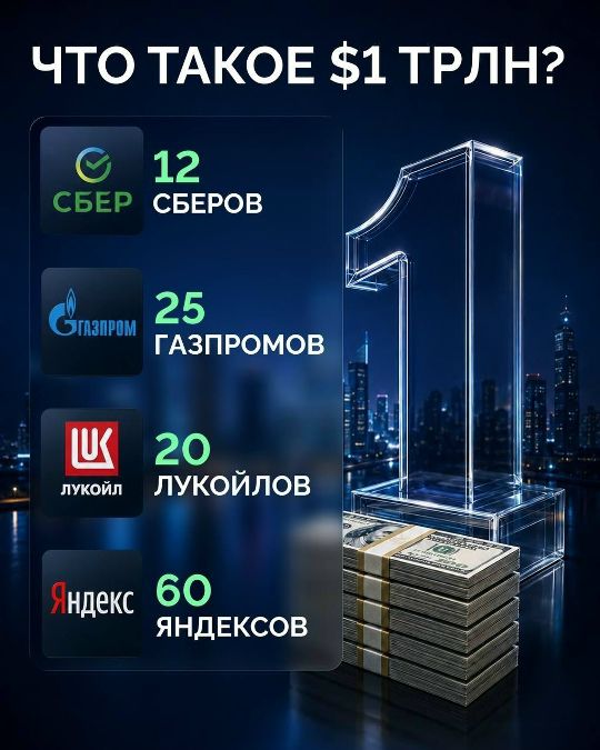 ЧТО ТАКОЕ $1 ТРЛН? СБЕР 12 СБЕРОВ ГАЗПРОМ 25 ГАЗПРОМОВ ЛУКОЙЛ 20 ЛУКОЙЛОВ ЯНДЕКС 60 ЯНДЕКСОВ