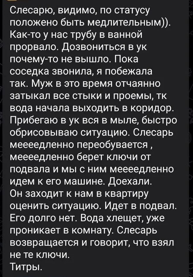 Слесарю, видимо, по статусу положено быть медлительным)). Как-то у нас трубу в ванной прорвало. Дозвониться в ук почему-то не вышло. Пока соседка звонила, я побежала так. Муж в это время отчаянно затыкал все стыки и проемы, тк вода начала выходить в коридор. Прибегаю в ук вся в мыле, быстро обрисовываю ситуацию. Слесарь меееедленно переобувается,