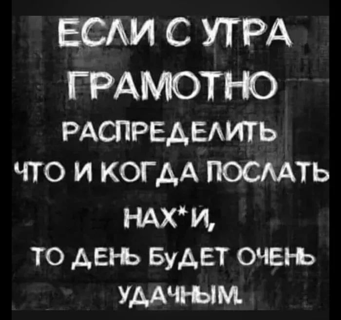 ЕСЛИ С УТРА ГРАМОТНО РАСПРЕДЕЛИТЬ ЧТО И КОГДА ПОСЛАТЬ НАХ*Й, ТО ДЕНЬ БУДЕТ ОЧЕНЬ УДАЧНЫМ.