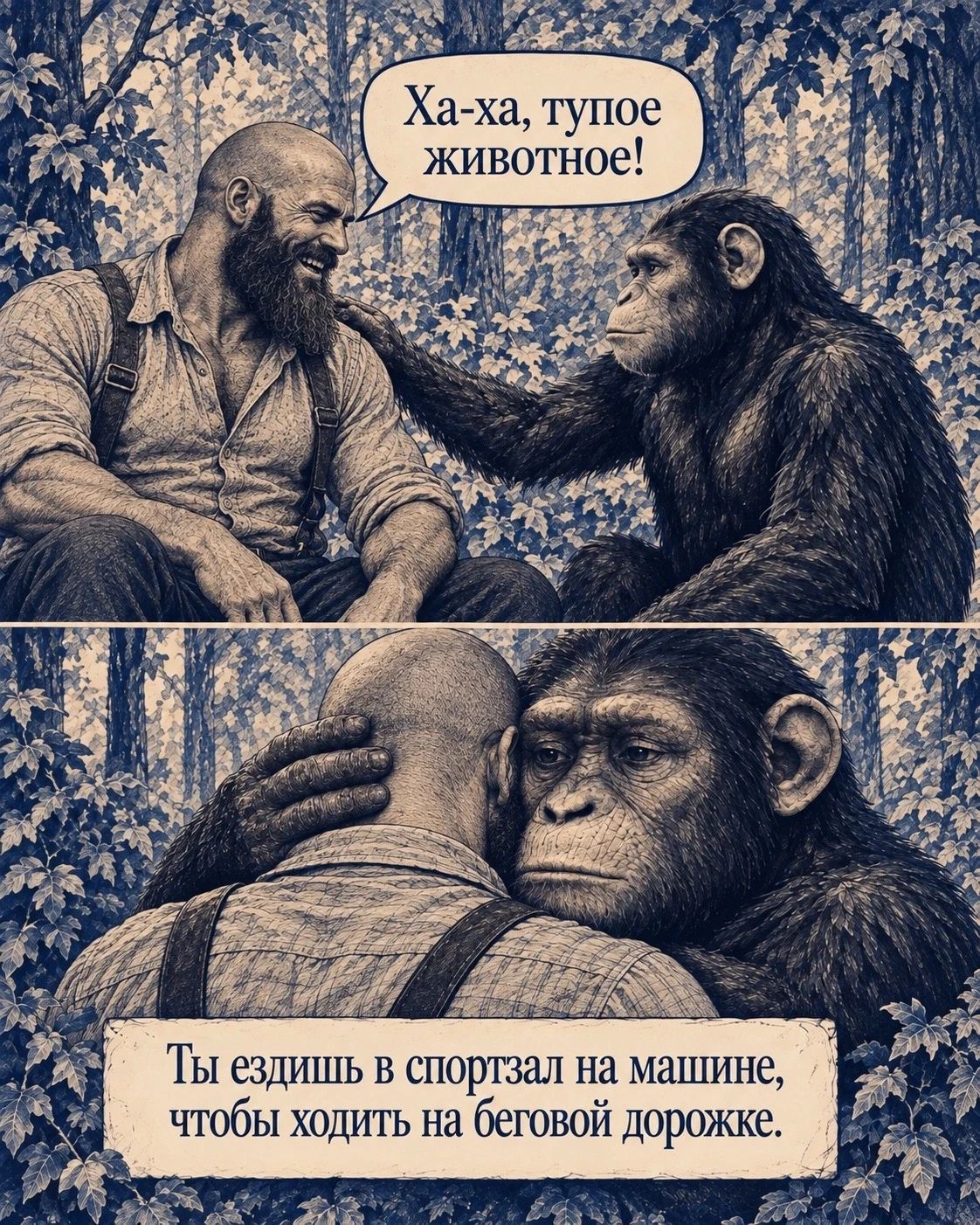 Ха-ха, тупое животное! Ты ездишь в спортзал на машине, чтобы ходить на беговой дорожке.