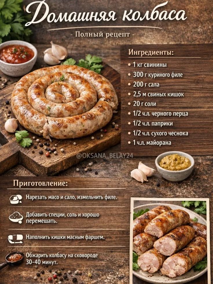 Домашняя колбаса - Полный рецепт. Ингредиенты: 1 кг свинины, 300 г куриного филе, 200 г сала, 2,5 м свиных кишок, 20 г соли, 1/2 ч.л. черного перца, 1/2 ч.л. паприки, 1/2 ч.л. сухого чеснока, 1 ч.л. майорана. Приготовление: Нарезать мясо и сало, измельчить филе. Добавить специи, соль и хорошо перемешать. Наполнить кишки мясным фаршем. Обжарить