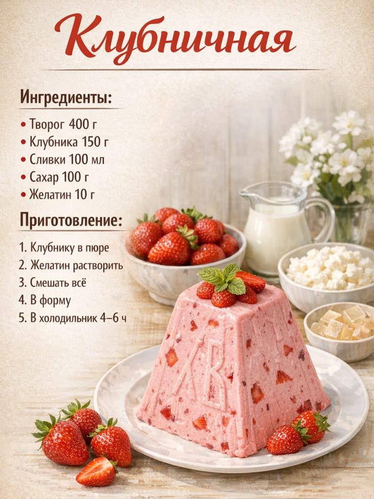 Клубничная Ингредиенты: Творог 400 г Клубника 150 г Сливки 100 мл Сахар 100 г Желатин 10 г Приготовление: 1. Клубнику в пюре 2. Желатин растворить 3. Смешать всё 4. В форму 5. В холодильник 4–6 ч