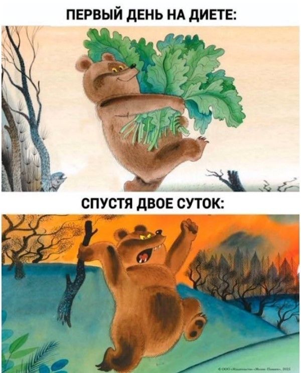 На картинке изображен мем, состоящий из двух частей. В верхней части надпись: «ПЕРВЫЙ ДЕНЬ НА ДИЕТЕ:». Под ней нарисован улыбающийся медведь, несущий большую охапку зеленых листьев. В нижней части надпись: «СПУСТЯ ДВОЕ СУТОК:». Под ней изображен разъяренный медведь, бегущий с палкой в лапе, с оскаленной пастью.
