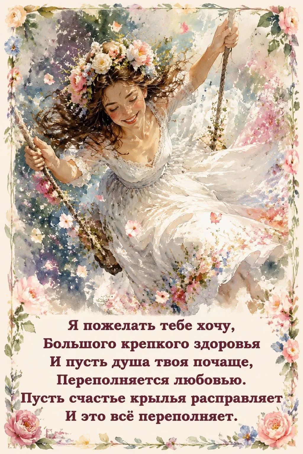 Я пожелать тебе хочу, Большого крепкого здоровья И пусть душа твоя почаще, Переполняется любовью. Пусть счастье крылья расправляет И это всё переполняет.