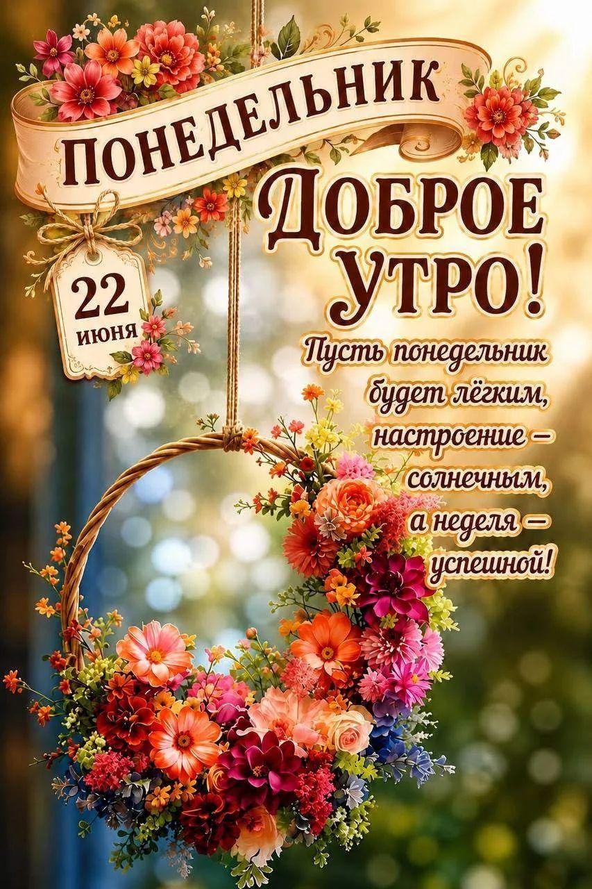 ПОНЕДЕЛЬНИК ДОБРОЕ УТРО! 22 ИЮНЯ Пусть понедельник будет лёгким, настроение — солнечным, а неделя — успешной!