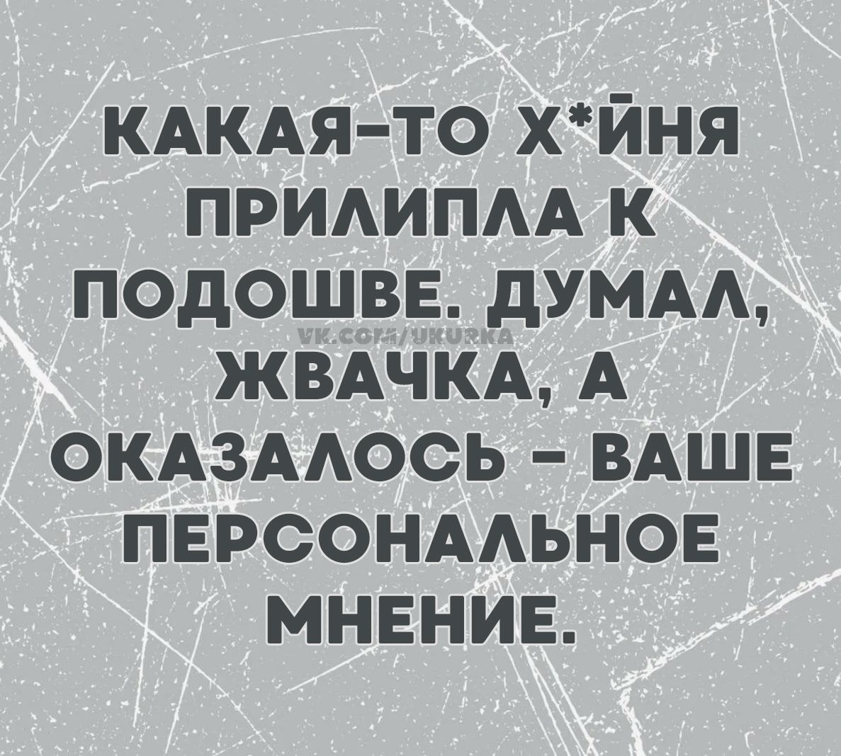 КАКАЯ-ТО Х*ЙНЯ ПРИЛИПЛА К ПОДОШВЕ. ДУМАЛ, ЖВАЧКА, А ОКАЗАЛОСЬ – ВАШЕ ПЕРСОНАЛЬНОЕ МНЕНИЕ.