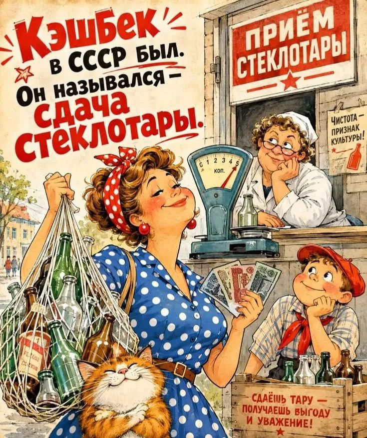 Кэшбек в СССР был. Он назывался — Сдача стеклотары. Приём стеклотары. Чистота — признак культуры! Сдаёшь тару — получаешь выгоду и уважение!
