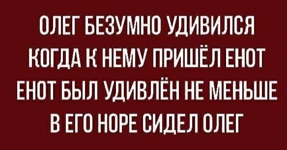 ОЛЕГ БЕЗУМНО УДИВИЛСЯ КОГДА К НЕМУ ПРИШЁЛ ЕНОТ ЕНОТ БЫЛ УДИВЛЁН НЕ МЕНЬШЕ В ЕГО НОРЕ СИДЕЛ ОЛЕГ
