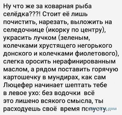Ну что же за коварная рыба селёдка???! Стоит её лишь почистить, нарезать, выложить на селедочнице (икорку по центру), украсить лучком (зеленым, колечками хрустящего негорького донского и колечками фиолетового), слегка оросить нерафинированным маслом, а рядом поставить горячую картошечку в мундирах, как сам Люцефер начинает шептать тебе в левое