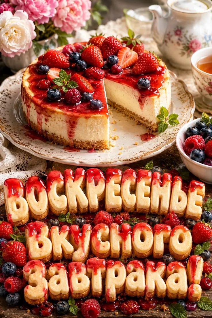ВОСКРЕСЕНЬЕ ВКУСНОГО ЗАВТРАКА! Чизкейк с ягодами, клубникой, голубикой и малиной. На заднем плане цветы и чайный сервиз.