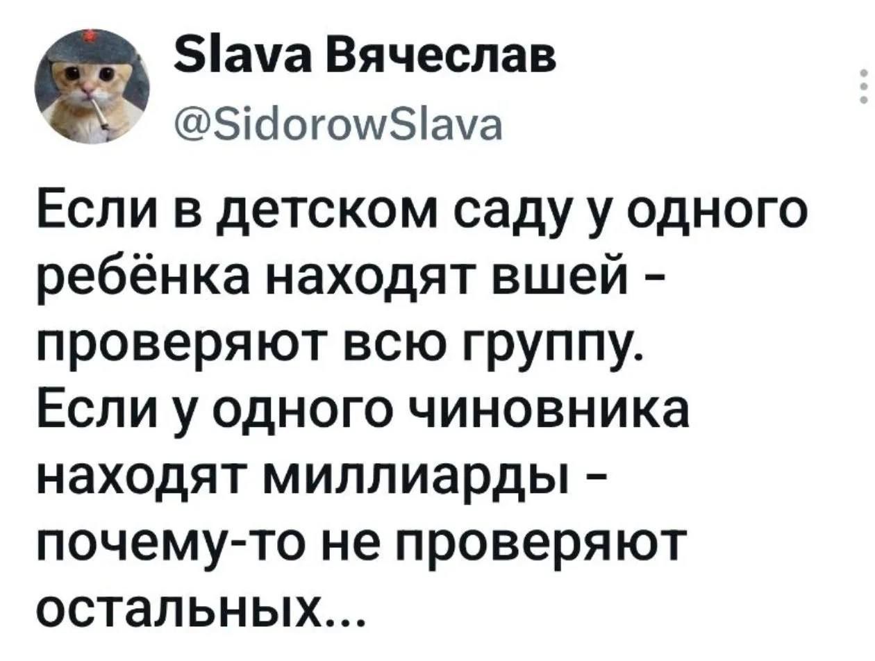 Slava Вячеслав @SidorowSlava Если в детском саду у одного ребёнка находят вшей - проверяют всю группу. Если у одного чиновника находят миллиарды - почему-то не проверяют остальных...