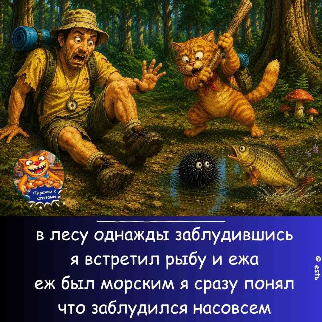 Пирожки с котятами в лесу однажды заблудившись я встретил рыбу и ежа еж был морским я сразу понял что заблудился насовсем © есть