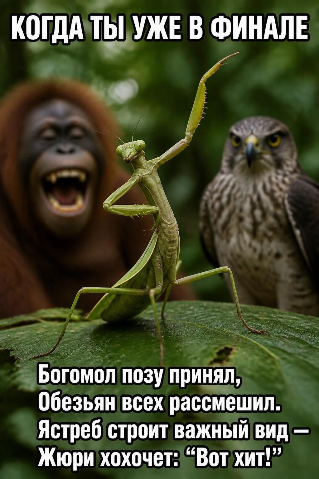 КОГДА ТЫ УЖЕ В ФИНАЛЕ. Богомол позу принял, Обезьян всех рассмешил. Ястреб строит важный вид — Жюри хохочет: “Вот хит!”