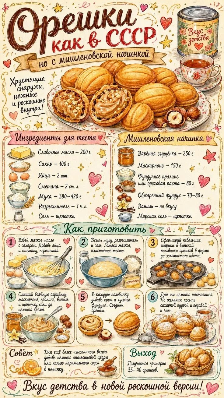 Орешки как в СССР но с мишленовской начинкой. Вкус детства. Хрустящие снаружи, нежные и роскошные внутри! Ингредиенты для теста: Сливочное масло – 200 г, Сахар – 100 г, Яйца – 2 шт., Сметана – 2 ст. л., Мука – 380-420 г, Разрыхлитель – 1 ч. л., Соль – щепотка. Мишленовская начинка: Варёная сгущёнка – 250 г, Маскарпоне – 150 г, Фундучное пралине