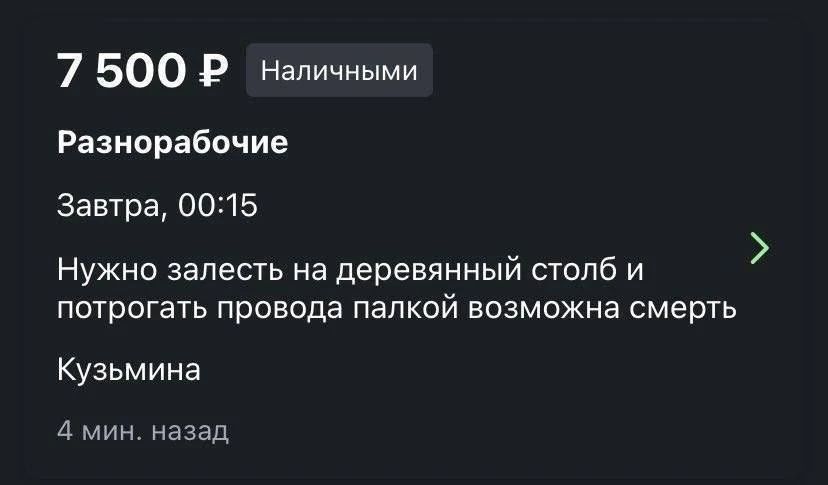 7 500 Р Наличными Разнорабочие Завтра, 00:15 Нужно залезть на деревянный столб и потрогать провода палкой возможна смерть Кузьмина 4 мин. назад
