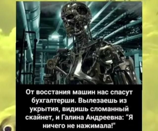 От восстания машин нас спасут бухгалтерши. Вылезаешь из укрытия, видишь сломанный скайнет, и Галина Андреевна: 