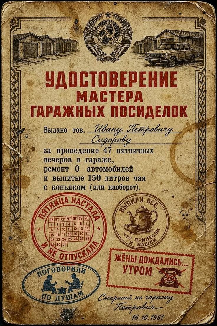 Удостоверение мастера гаражных посиделок. Выдано тов. Ивану Петровичу Сидорову за проведение 47 пятничных вечеров в гараже, ремонт 0 автомобилей и выпитые 150 литров чая с коньяком (или наоборот).