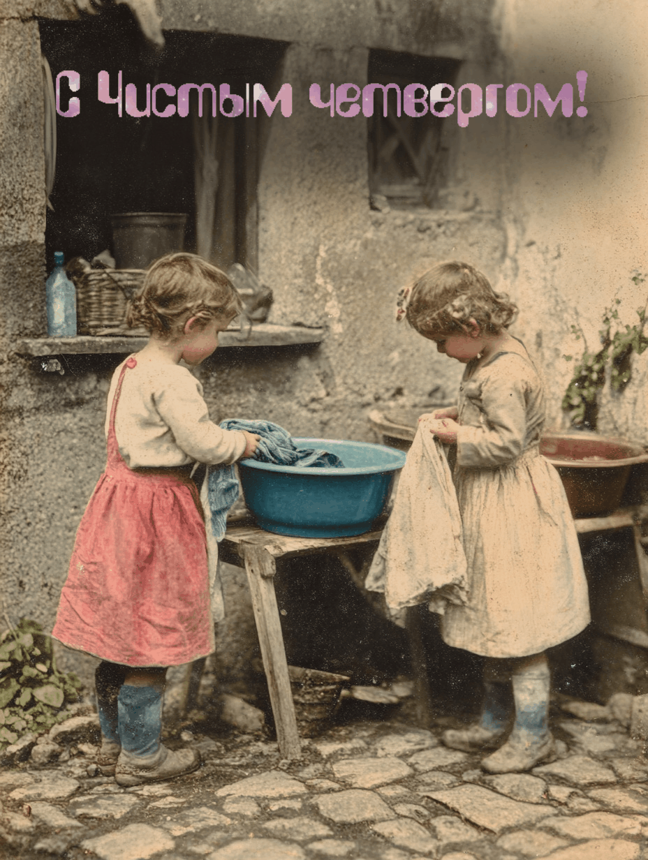 С Чистым четвергом! Две маленькие девочки стирают белье в тазах на улице.
