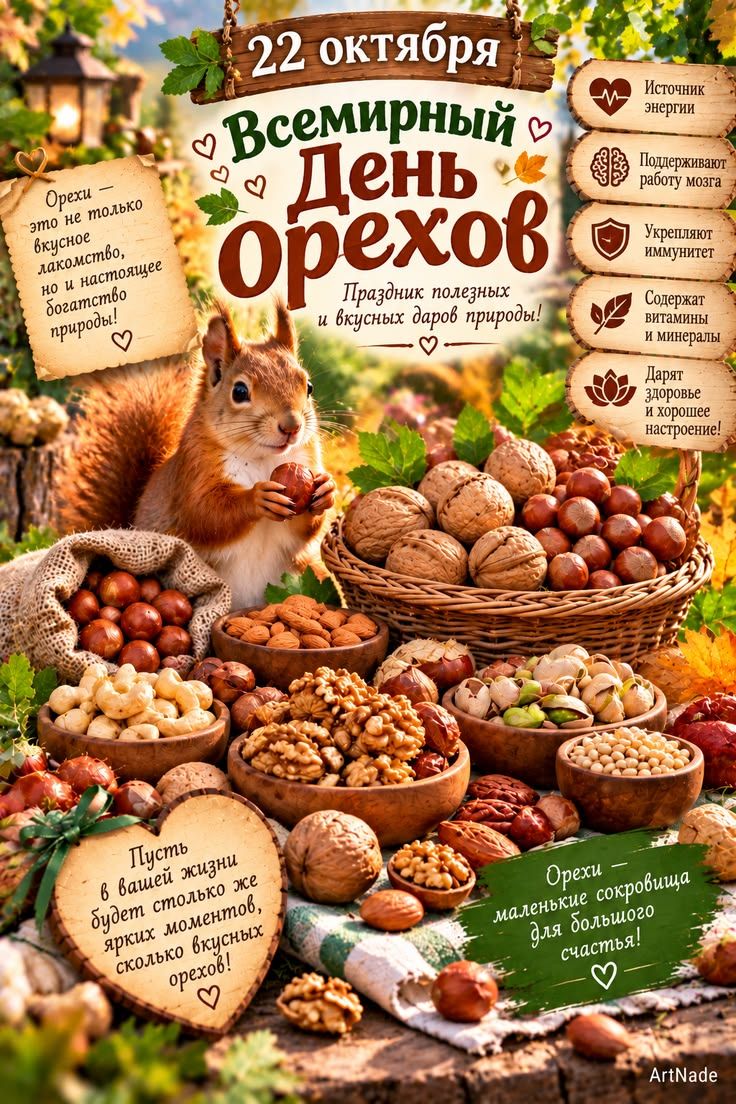 22 октября Всемирный День Орехов Праздник полезных и вкусных даров природы! Орехи — это не только вкусное лакомство, но и настоящее богатство природы! Источник энергии Поддерживают работу мозга Укрепляют иммунитет Содержат витамины и минералы Дарят здоровье и хорошее настроение! Пусть в вашей жизни будет столько же ярких моментов, сколько вкусных