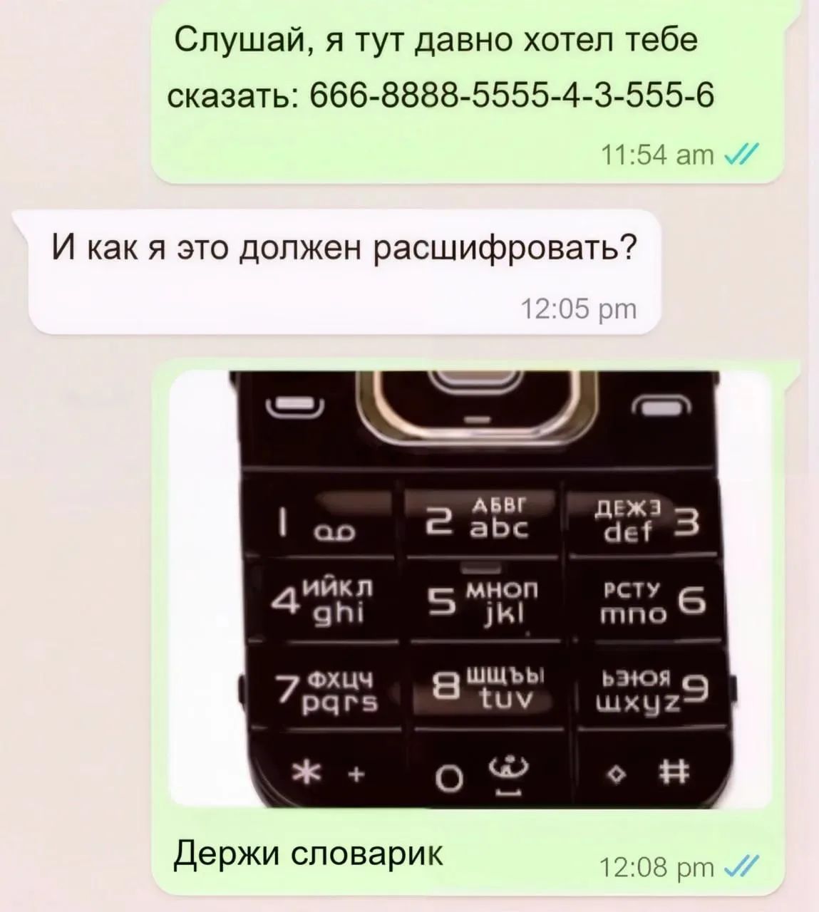Слушай, я тут давно хотел тебе сказать: 666-8888-5555-4-3-555-6 И как я это должен расшифровать? Держи словарик