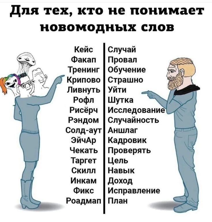 Для тех, кто не понимает новомодных слов. Кейс - Случай. Факап - Провал. Тренинг - Обучение. Крипово - Страшно. Ливнуть - Уйти. Рофл - Шутка. Рисёрч - Исследование. Рэндом - Случайность. Солд-аут - Аншлаг. ЭйчАр - Кадровик. Чекать - Проверять. Таргет - Цель. Скилл - Навык. Инкам - Доход. Фикс - Исправление. Роадмап - План.