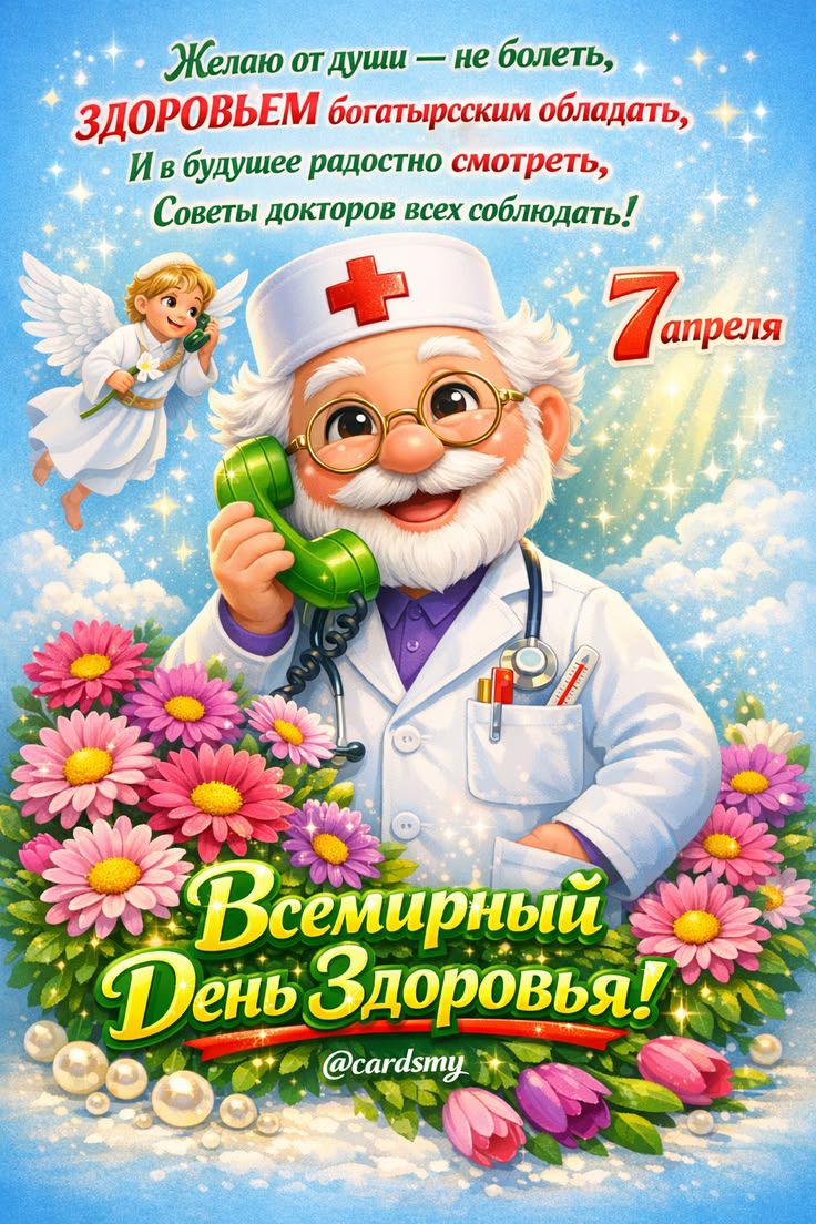 Желаю от души — не болеть, ЗДОРОВЬЕМ богатырским обладать, И в будущее радостно смотреть, Советы докторов всех соблюдать! 7 апреля Всемирный День Здоровья! @cardsmy