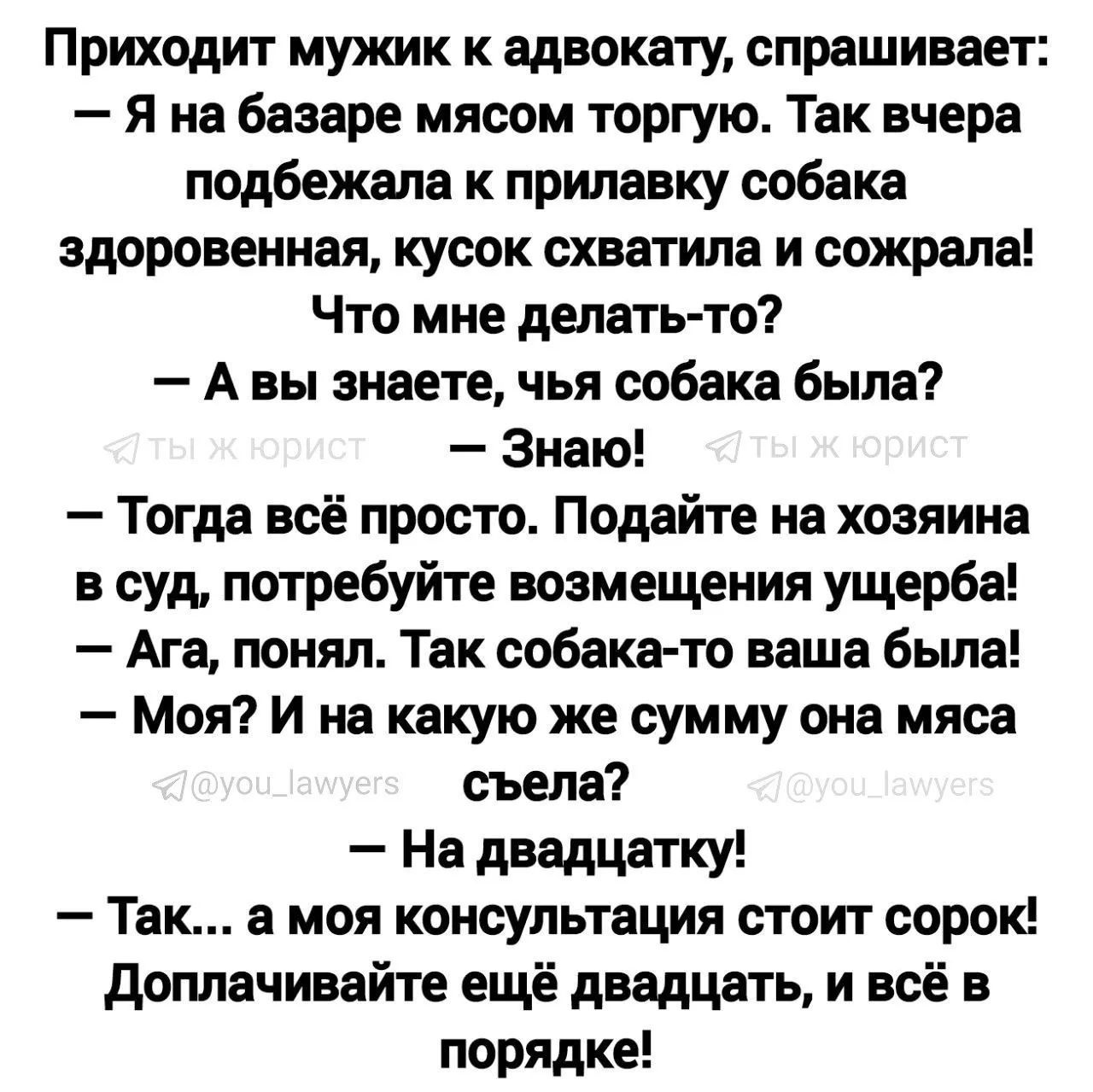 Приходит мужик к адвокату, спрашивает: Я на базаре мясом торгую. Так вчера подбежала к прилавку собака здоровенная, кусок схватила и сожрала! Что мне делать-то? — А вы знаете, чья собака была? — Знаю! — Тогда всё просто. Подайте на хозяина в суд, потребуйте возмещения ущерба! — Ага, понял. Так собака-то ваша была! — Моя? И на какую же сумму она