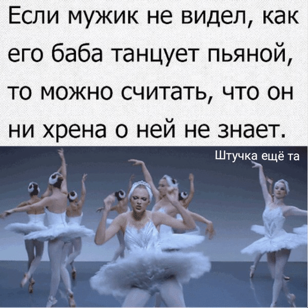 Если мужик не видел, как его баба танцует пьяной, то можно считать, что он ни хрена о ней не знает. Штучка ещё та