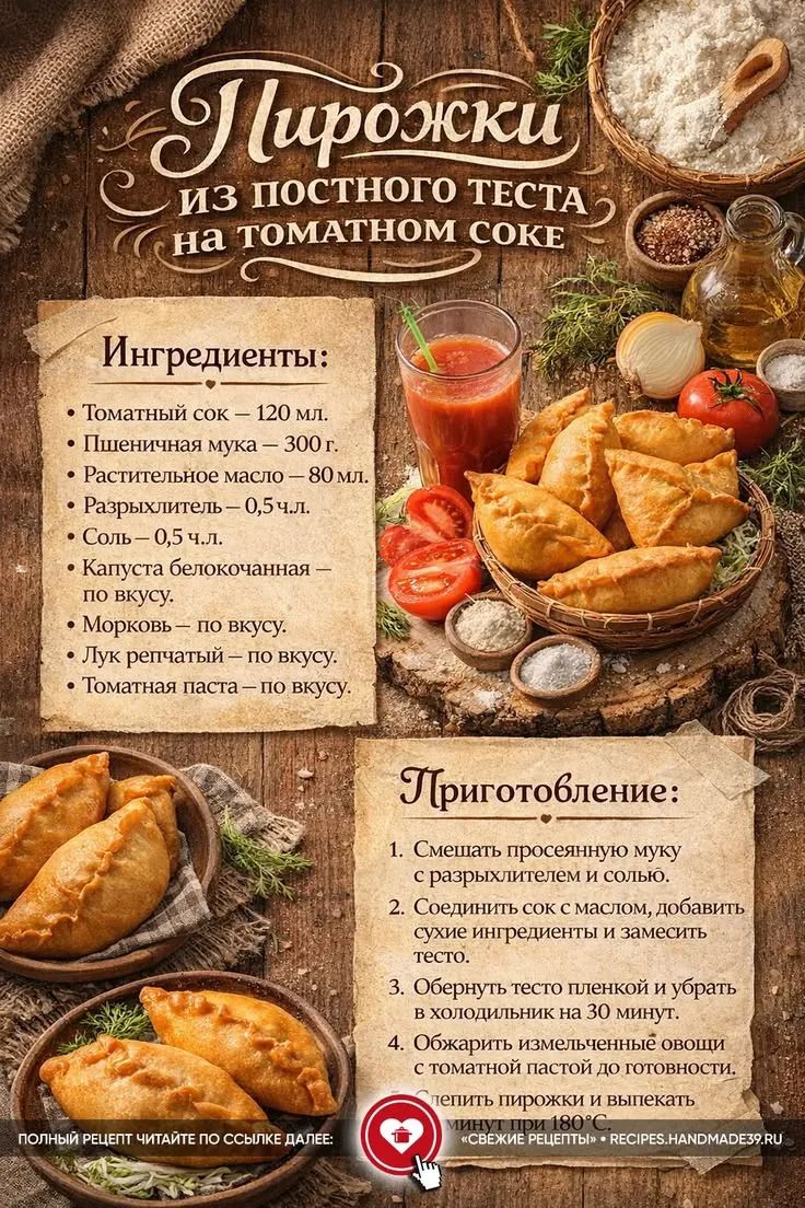 Пирожки из постного теста на томатном соке. Ингредиенты: Томатный сок – 120 мл. Пшеничная мука – 300 г. Растительное масло – 80 мл. Разрыхлитель – 0,5 ч.л. Соль – 0,5 ч.л. Капуста белокочанная – по вкусу. Морковь – по вкусу. Лук репчатый – по вкусу. Томатная паста – по вкусу. Приготовление: 1. Смешать просеянную муку с разрыхлителем и солью. 2.
