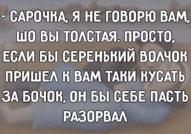 Сарочка, я не говорю вам, шо вы толстая. Просто, если бы серенький волчок пришел к вам таки кусать за бочок, он бы себе пасть разорвал