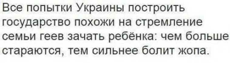 Все попытки Украины построить государство похожи на стремление семьи геев зачать ребёнка: чем больше стараются, тем сильнее болит жопа.