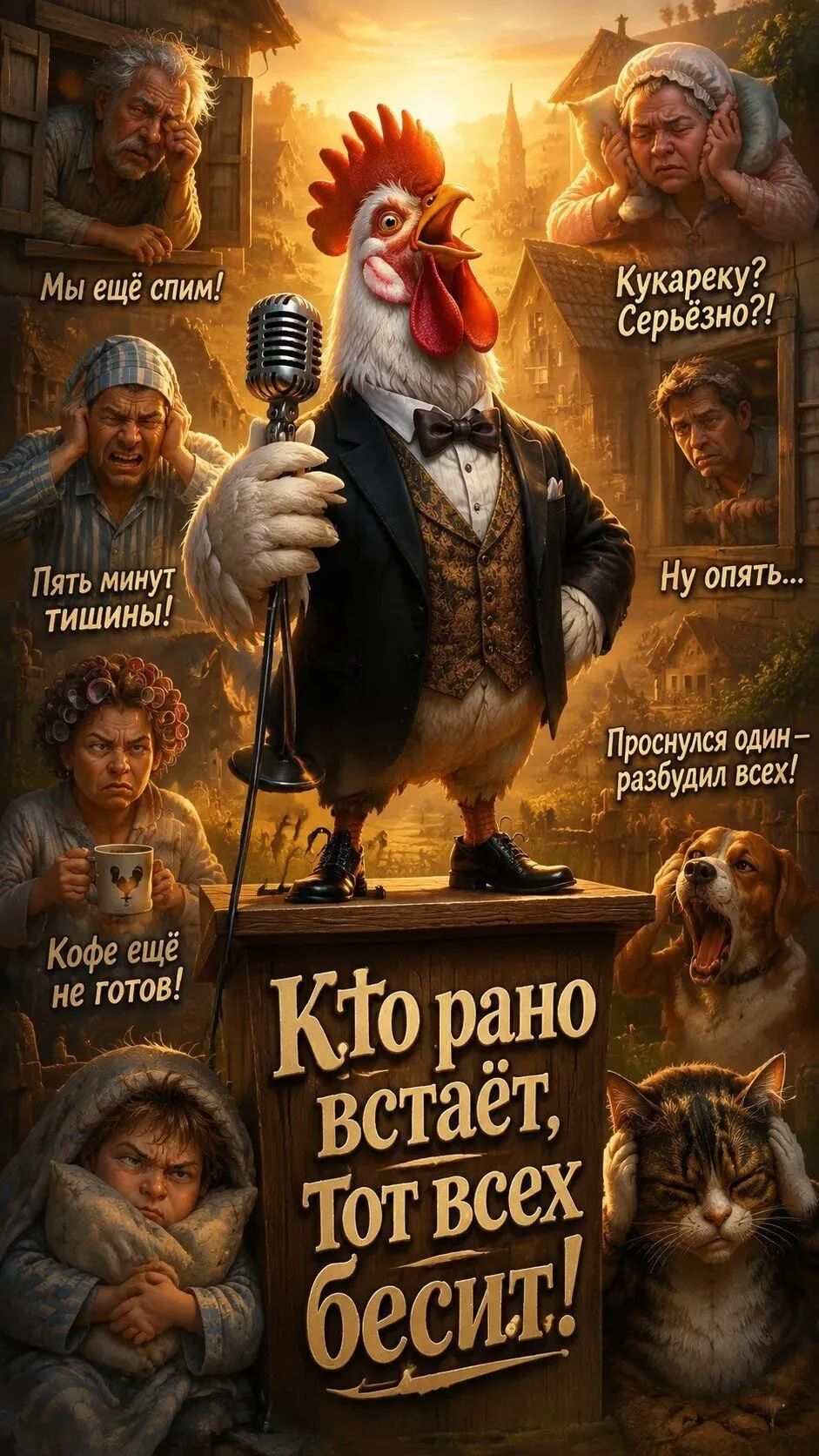 Мы ещё спим! Кукареку? Серьёзно?! Пять минут тишины! Ну опять... Проснулся один — разбудил всех! Кофе ещё не готов! Кто рано встаёт, тот всех бесит!