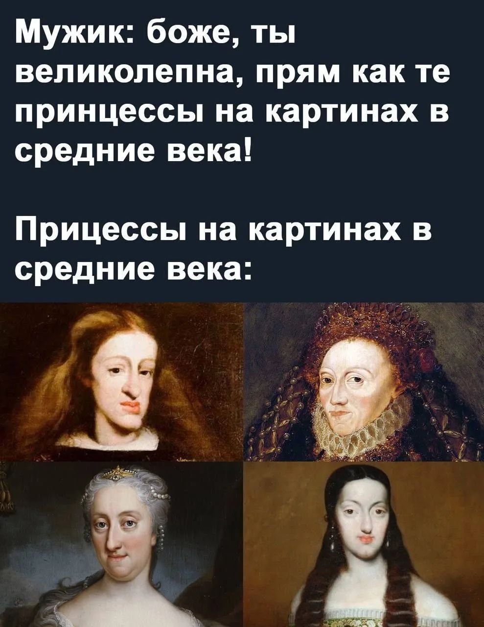 Мужик: боже, ты великолепна, прям как те принцессы на картинах в средние века! Принцессы на картинах в средние века: